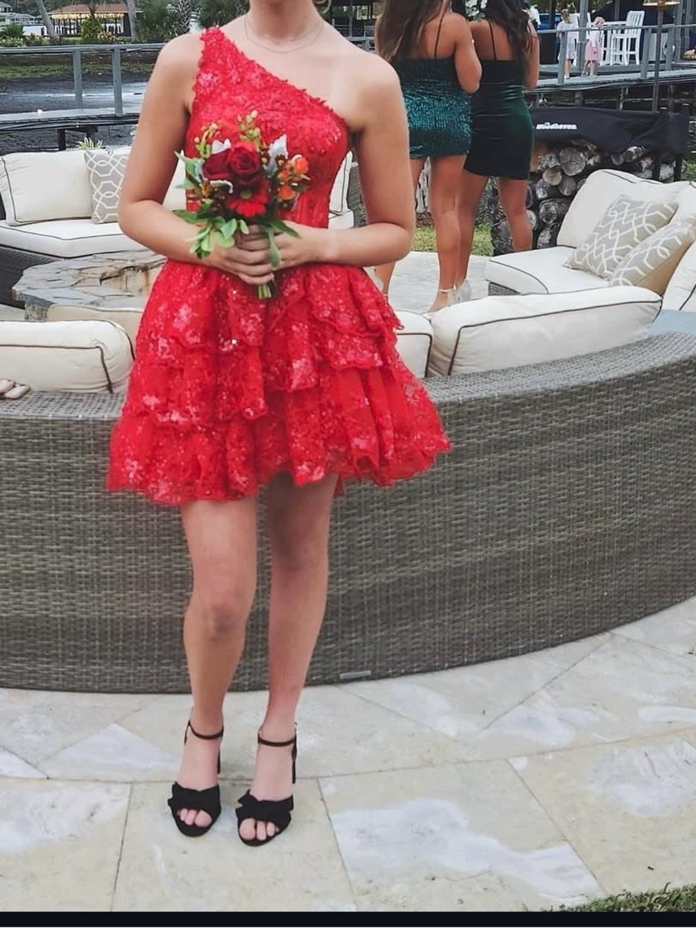 Sherri Hill Red Lace One-Shoulder Cocktail Dress